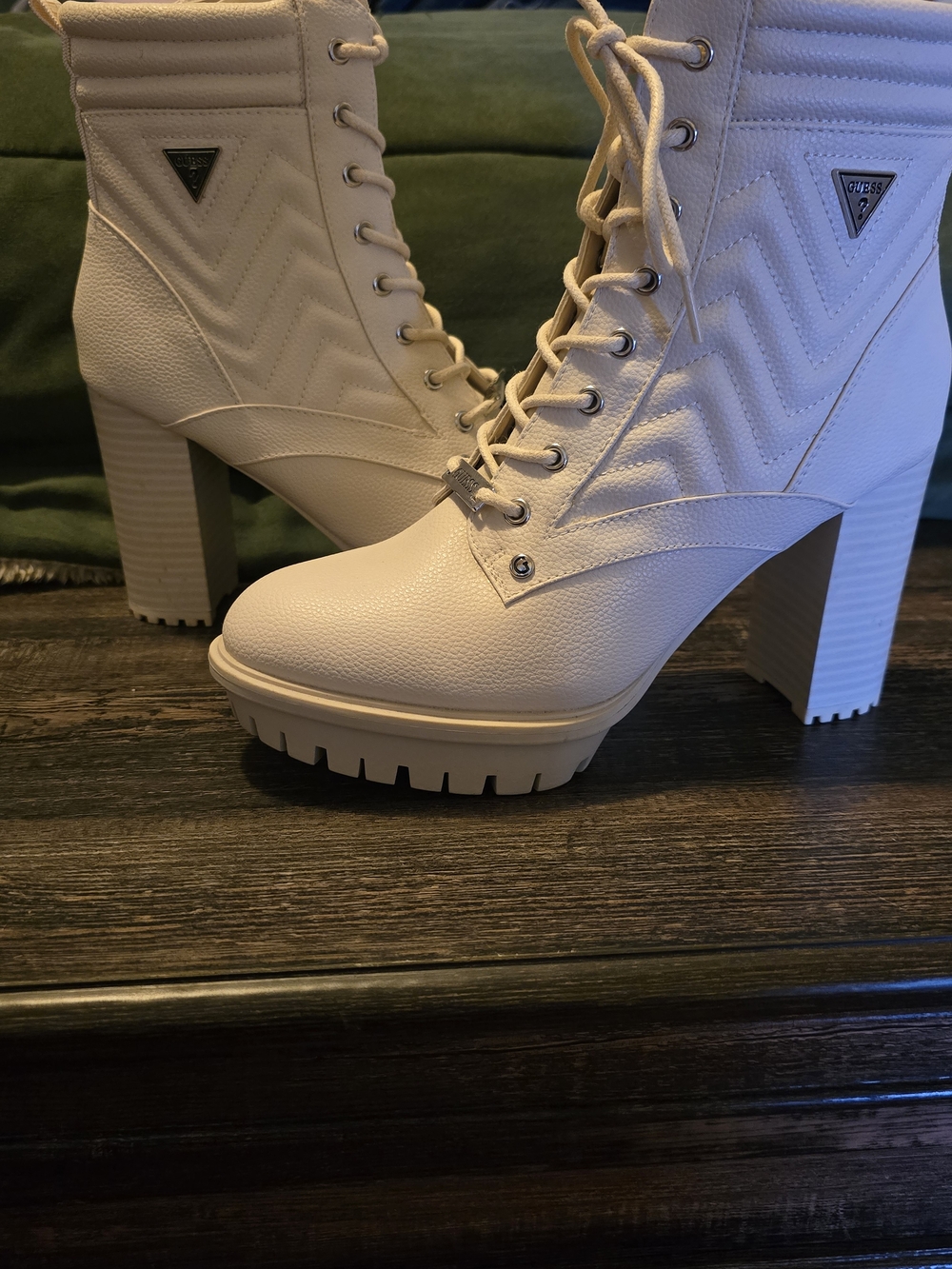 GUESS Cream Lace-Up Quilted Platform Boots